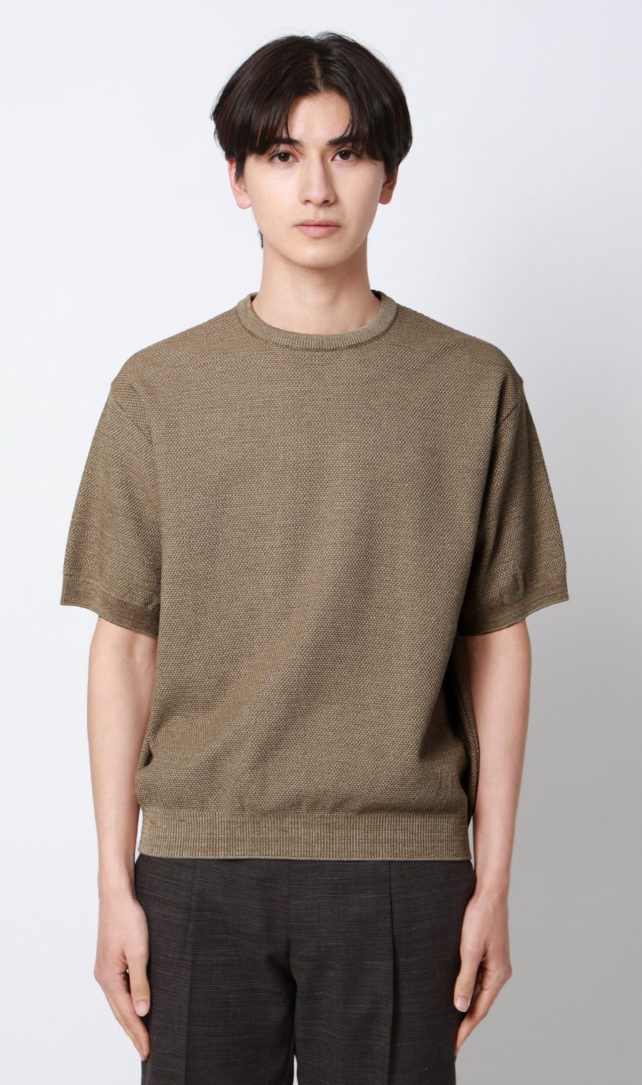 ニットクルーネックＴシャツ【鹿の子】 ベージュ S