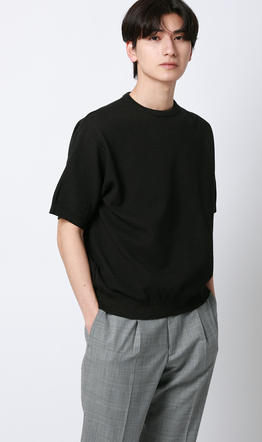 ニットクルーネックＴシャツ【鹿の子】 ブラウン S