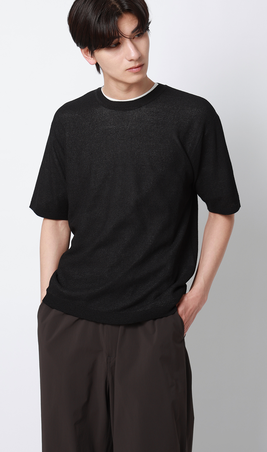 ニットクルーネックTシャツ【和紙混カノコ】 ブラック S