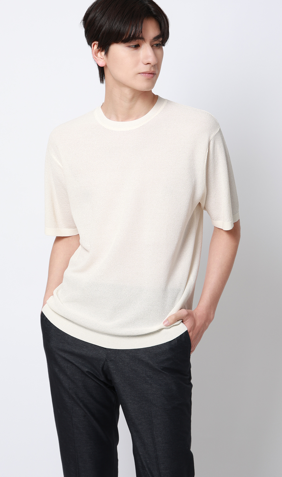 ニットクルーネックTシャツ【和紙混カノコ】 ホワイト S