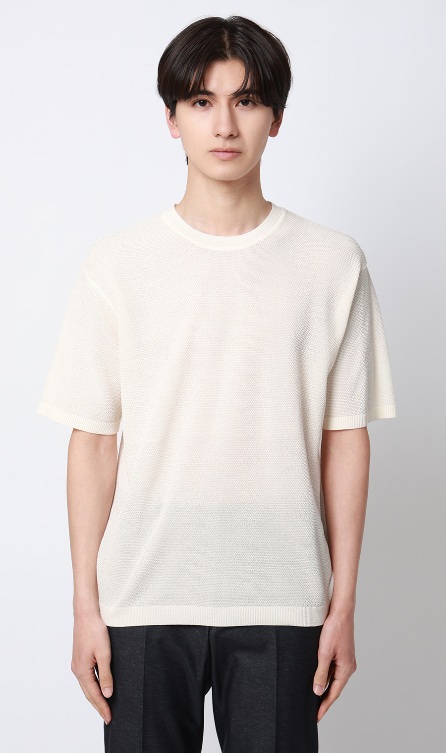 ニットクルーネックTシャツ【和紙混カノコ】 ホワイト S