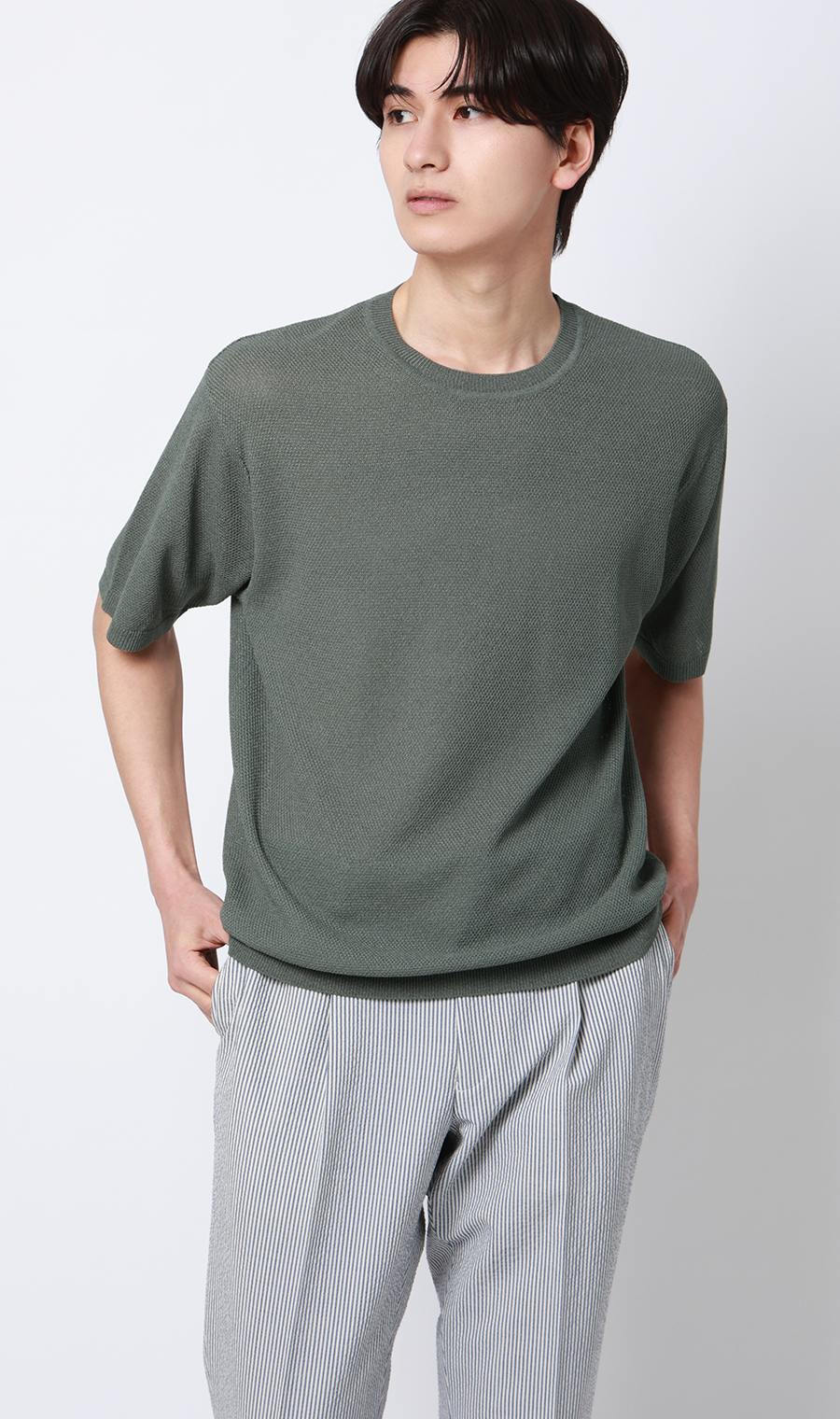 ニットクルーネックTシャツ【和紙混カノコ】 グリーン S