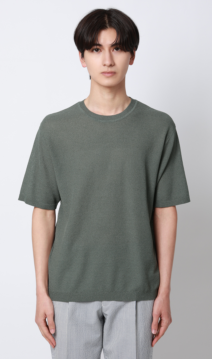 ニットクルーネックTシャツ【和紙混カノコ】 グリーン S
