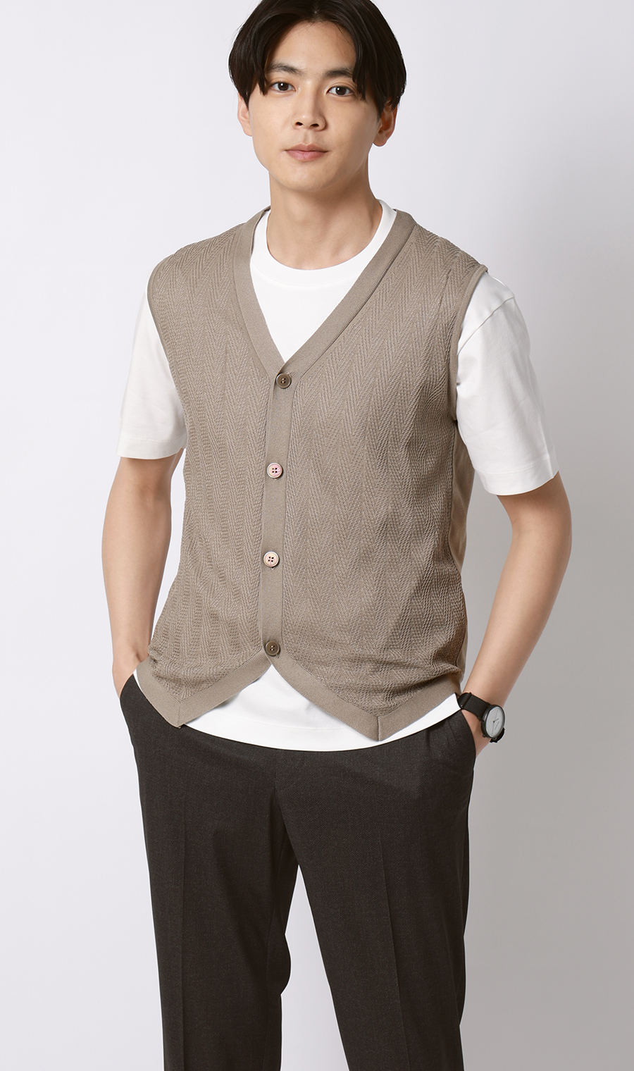 ニットジレ【ヘリンボーン】 ベージュ M