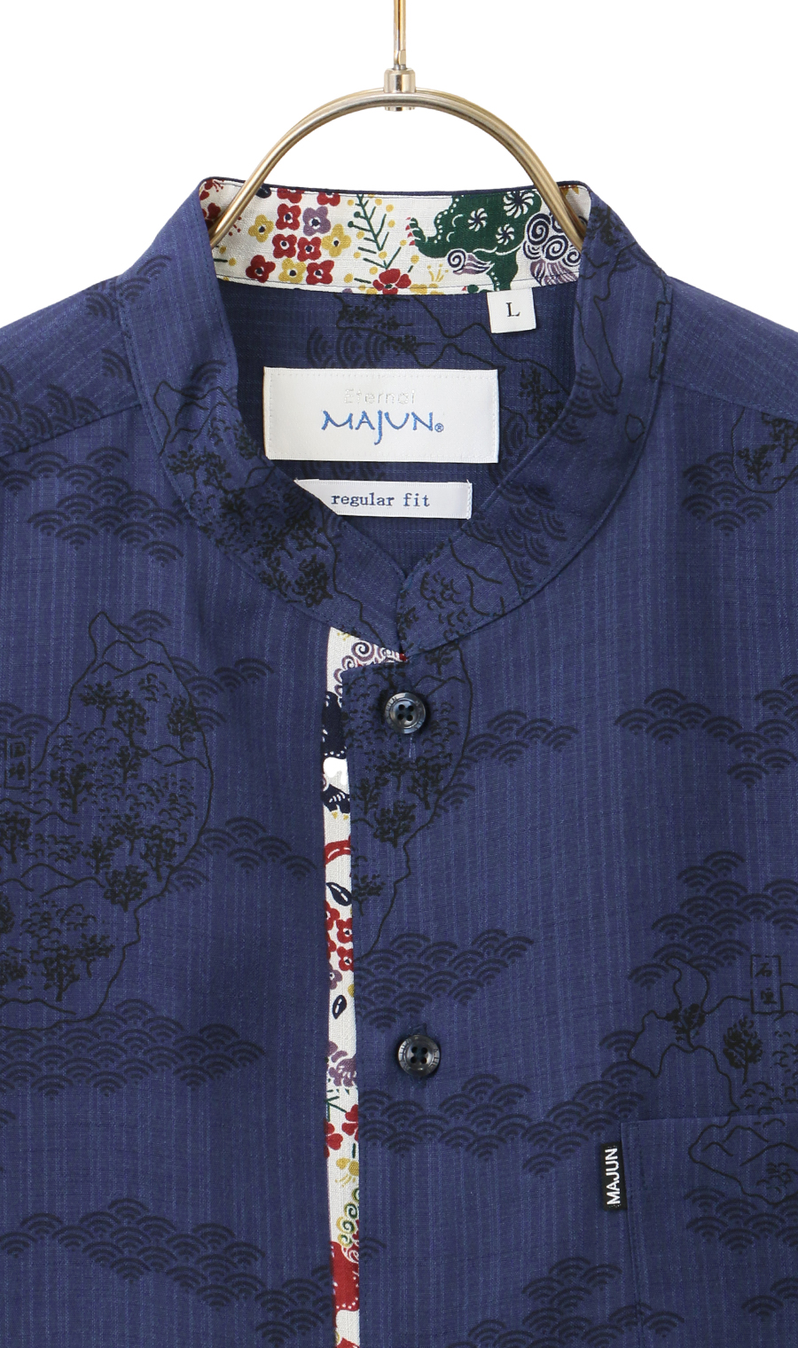 かりゆしウェア【MAJUN】【琉球列島絵図・マオカラー】【WEB限定】 ネイビー 4L