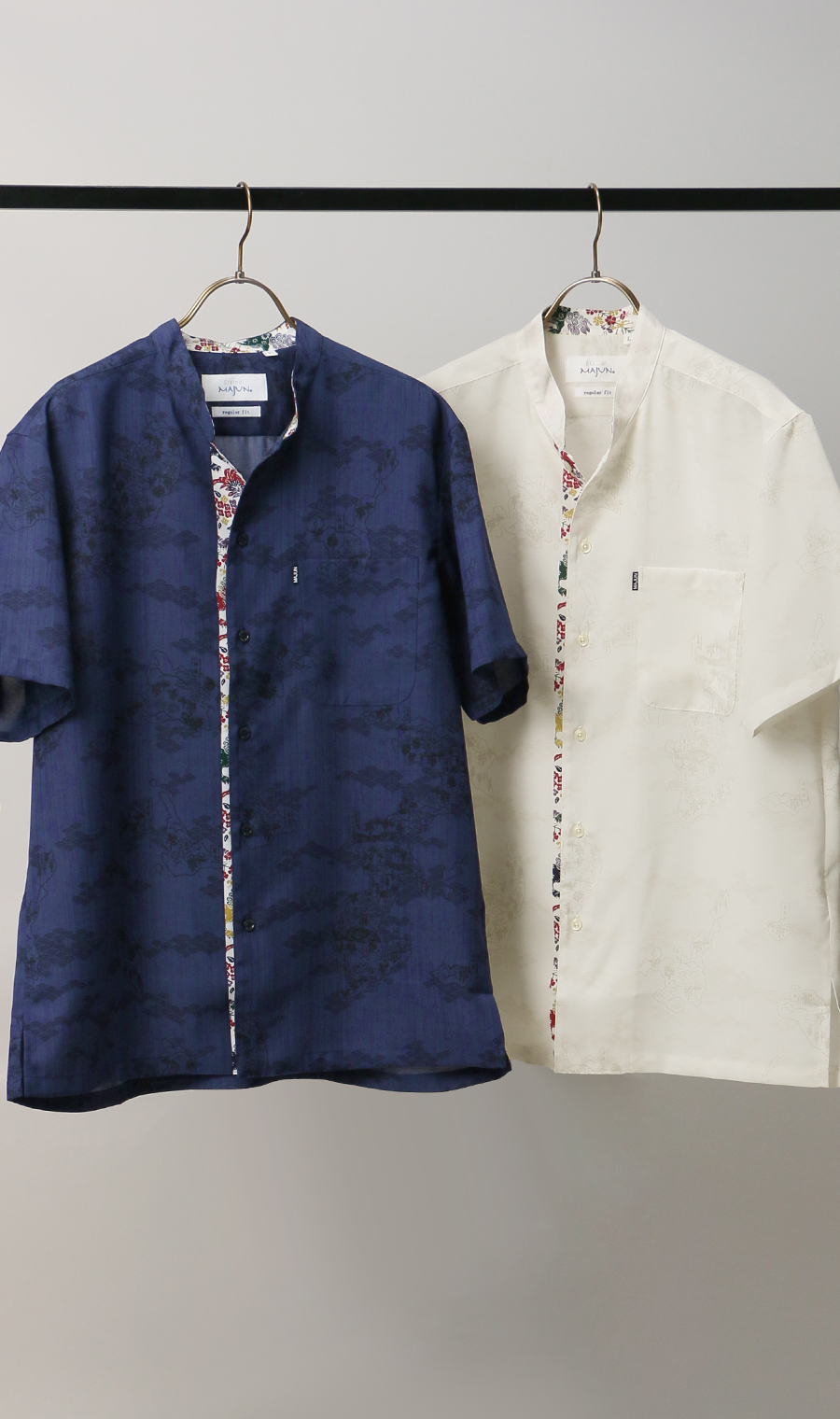 かりゆしウェア【MAJUN】【琉球列島絵図・マオカラー】【WEB限定】 ネイビー 4L