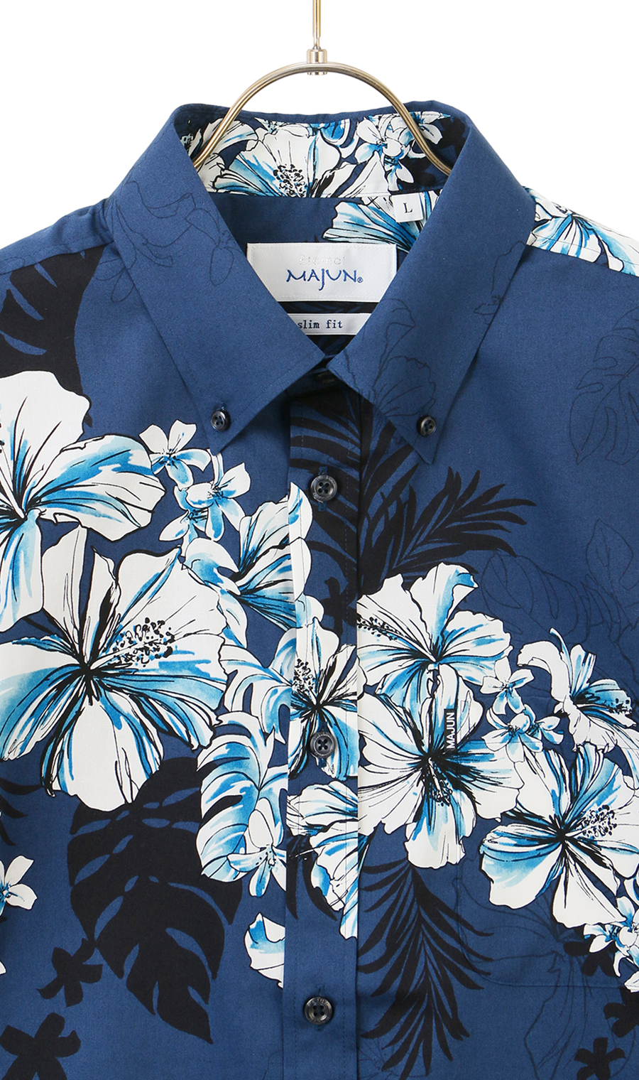 かりゆしウェア【MAJUN】【クリスタリアハイビ】【WEB限定】 ネイビー S