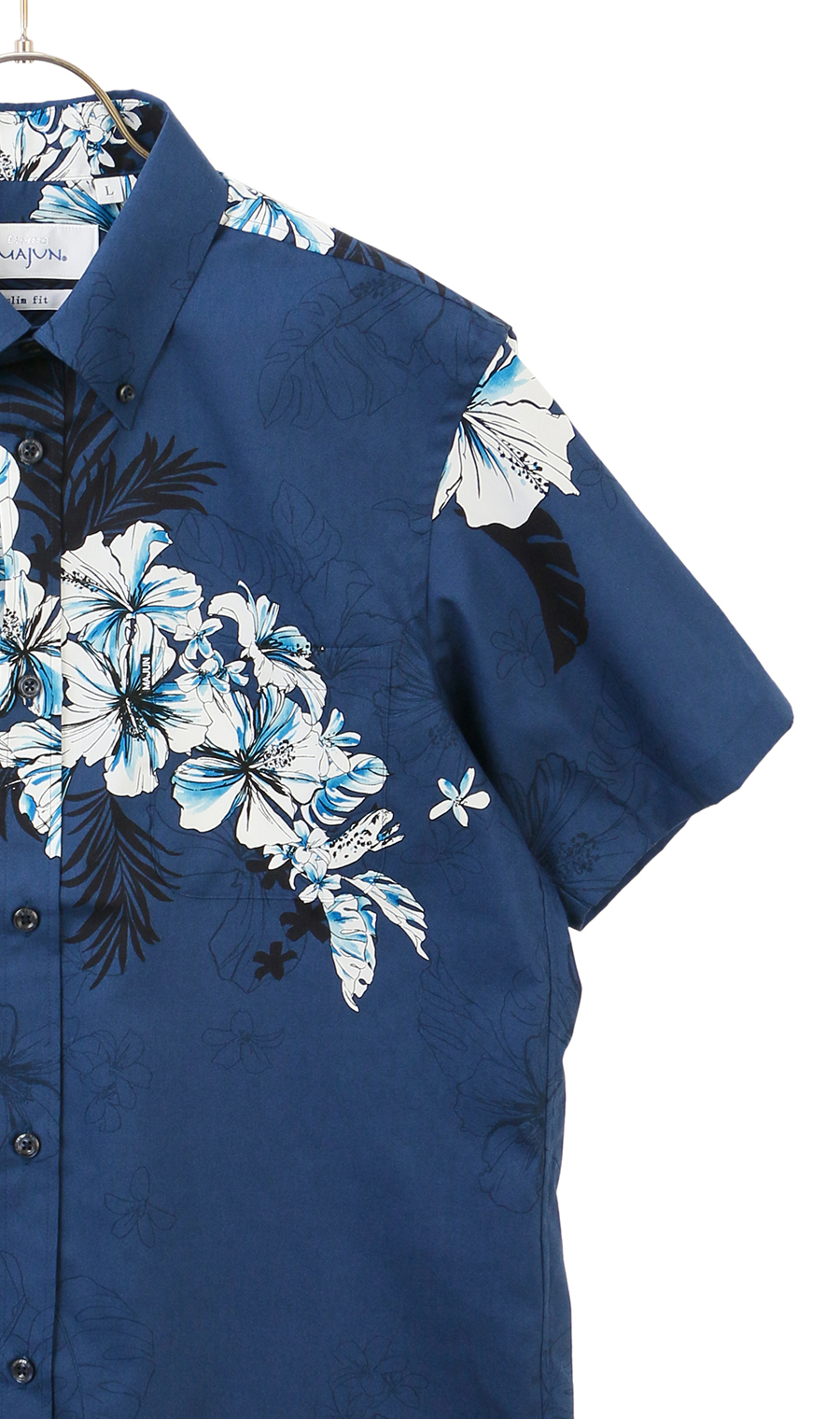 かりゆしウェア【MAJUN】【クリスタリアハイビ】【WEB限定】 ネイビー S