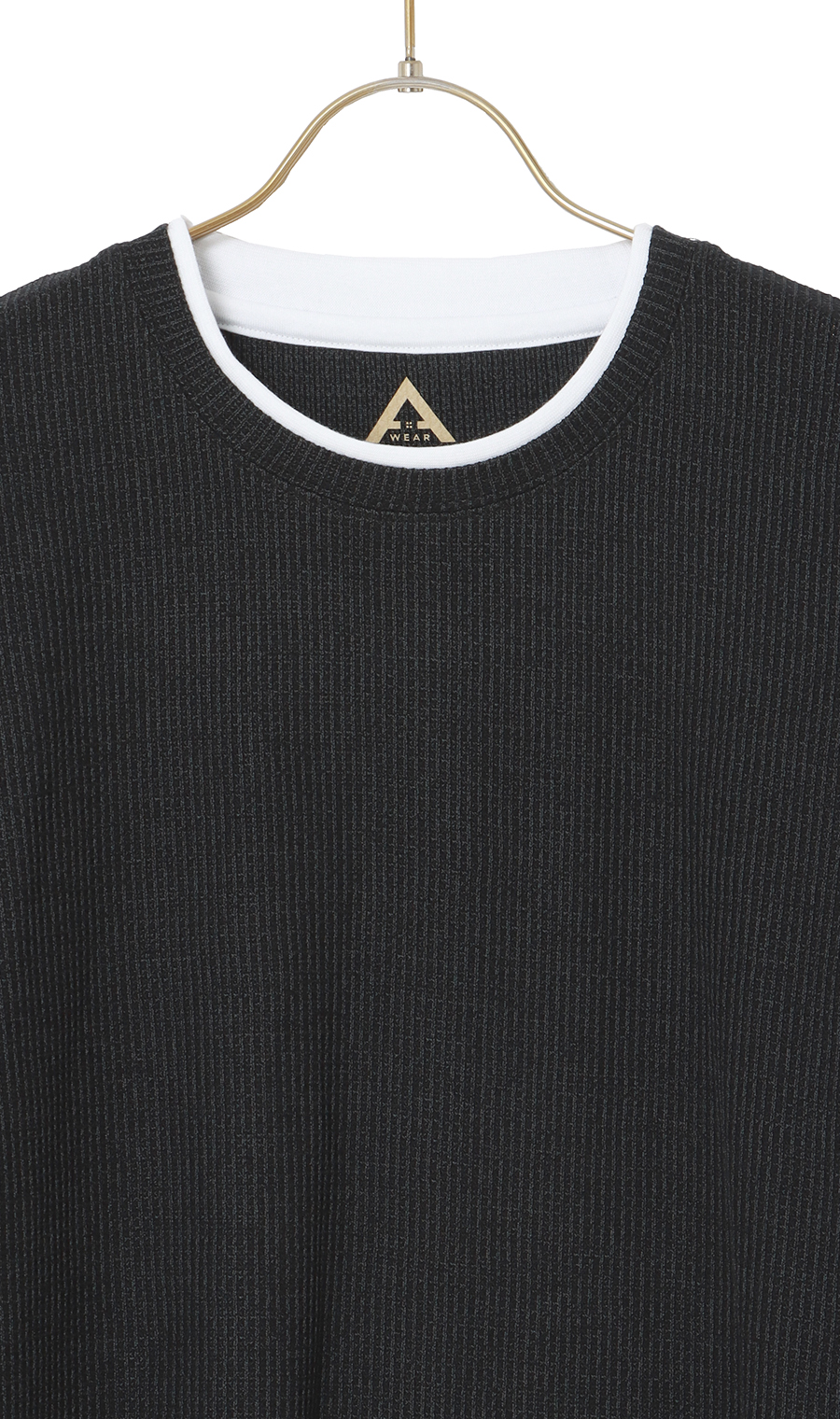 らくリッチ畔ワッフルフェイククルーネックTシャツ ブラック S