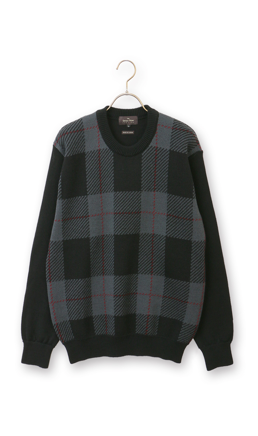 チェック柄クルーネックセーター【日本製】 ブラック L