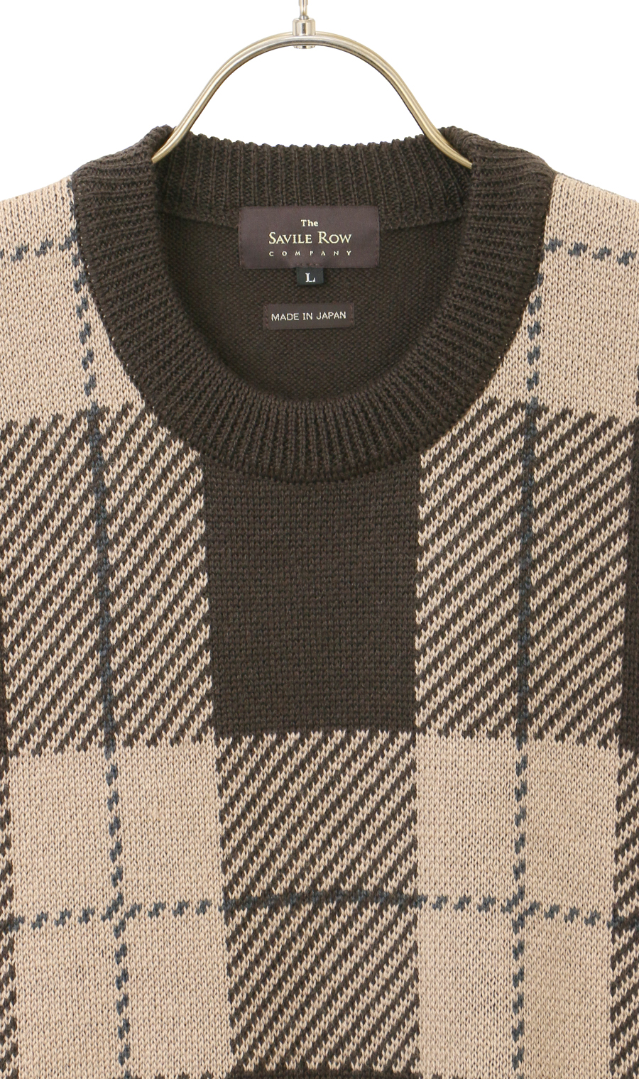 チェック柄クルーネックセーター【日本製】 ブラウン L