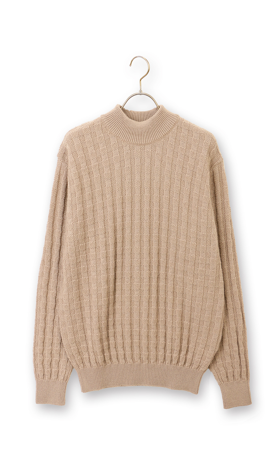 リンクス格子柄モックネックセーター【日本製】 ベージュ L