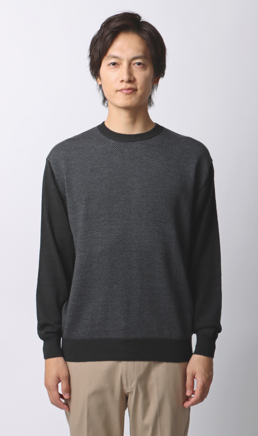 へリンボーンクルーネックセーター【毛玉CLEAR】【#すごセーター】 チャコール S