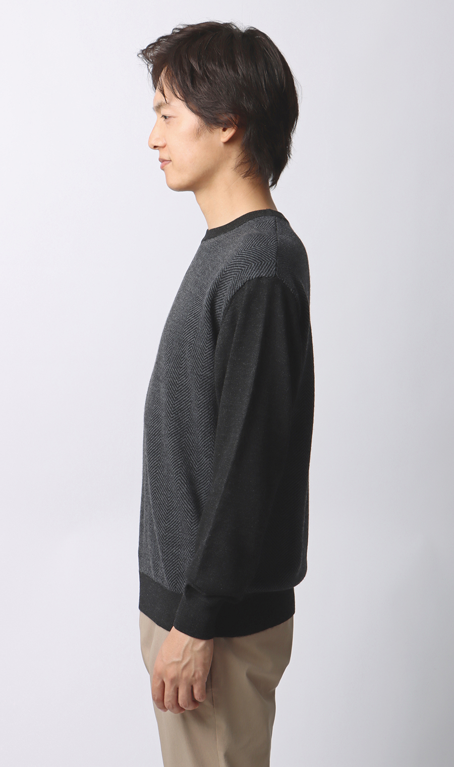 へリンボーンクルーネックセーター【毛玉CLEAR】【#すごセーター】 チャコール S