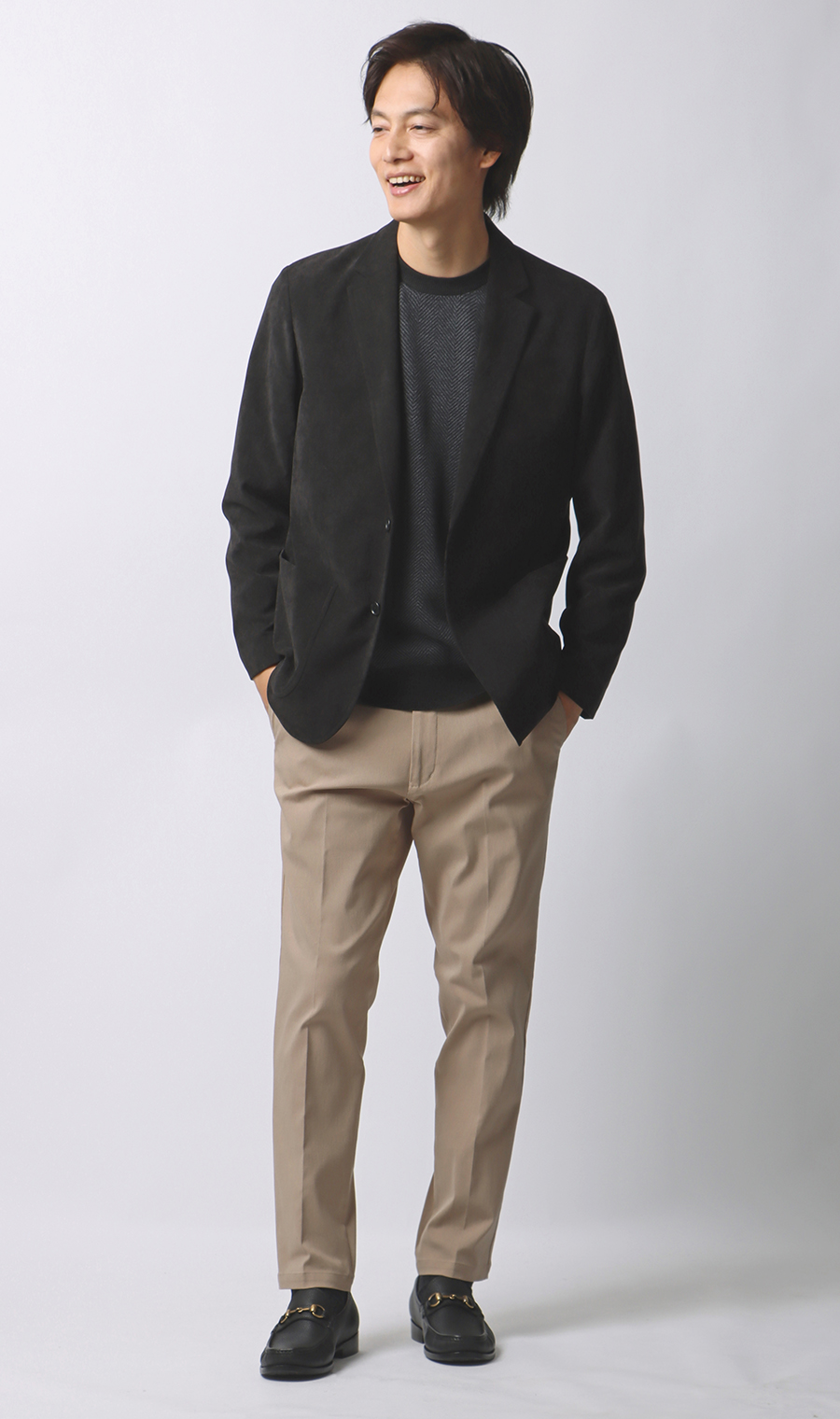 へリンボーンクルーネックセーター【毛玉CLEAR】【#すごセーター】 チャコール S