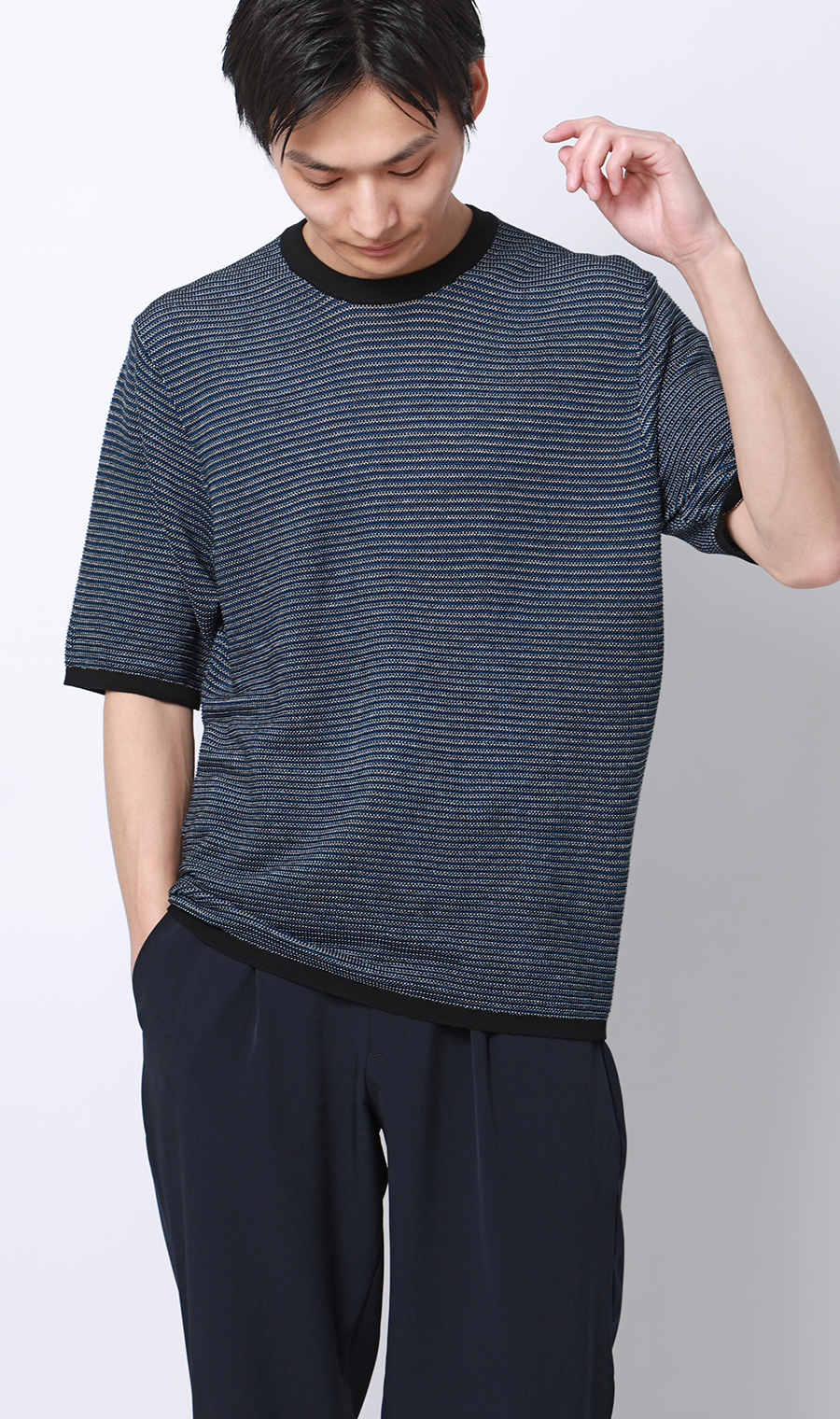 マルチボーダークルーネックニット ネイビー M