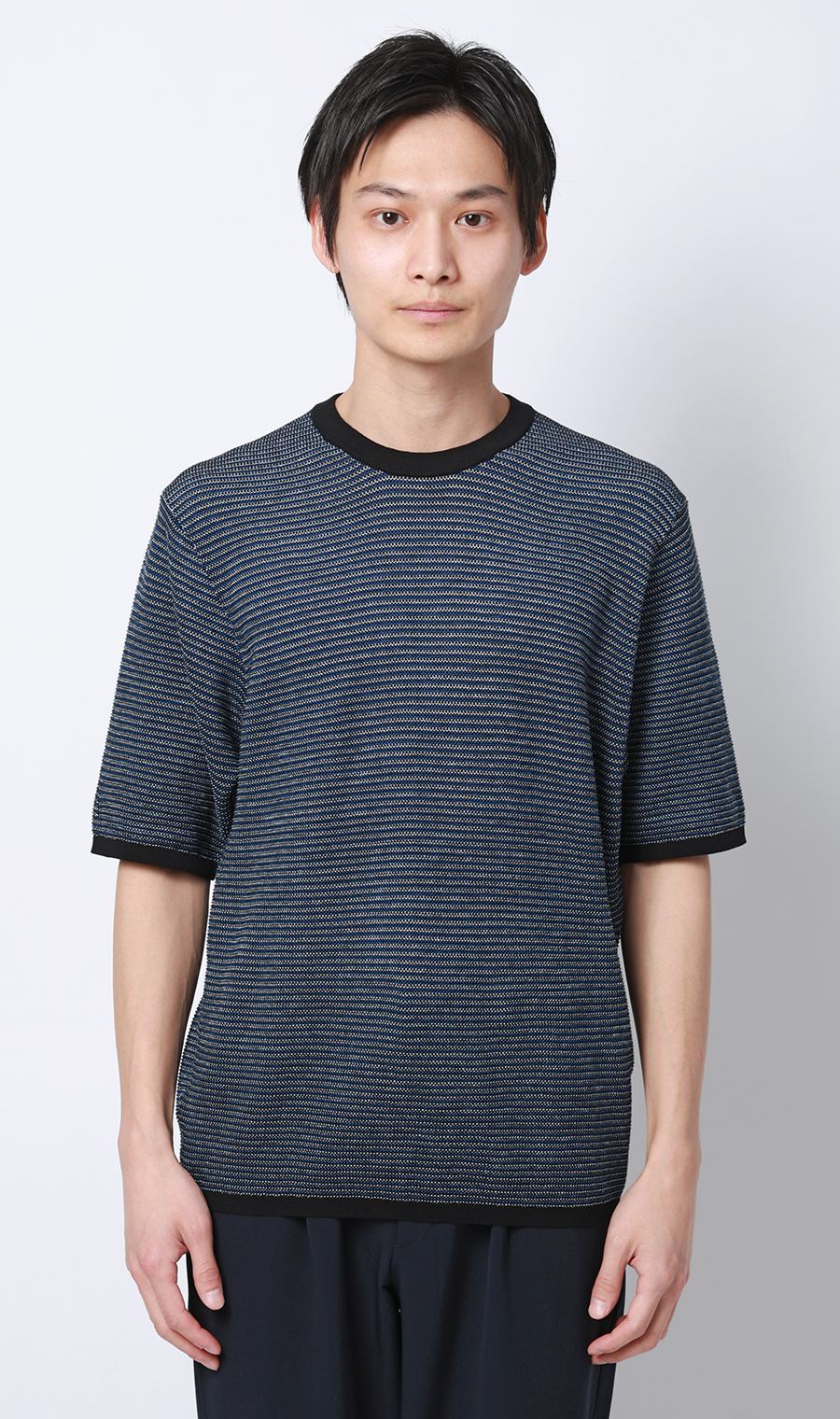 マルチボーダークルーネックニット ネイビー M