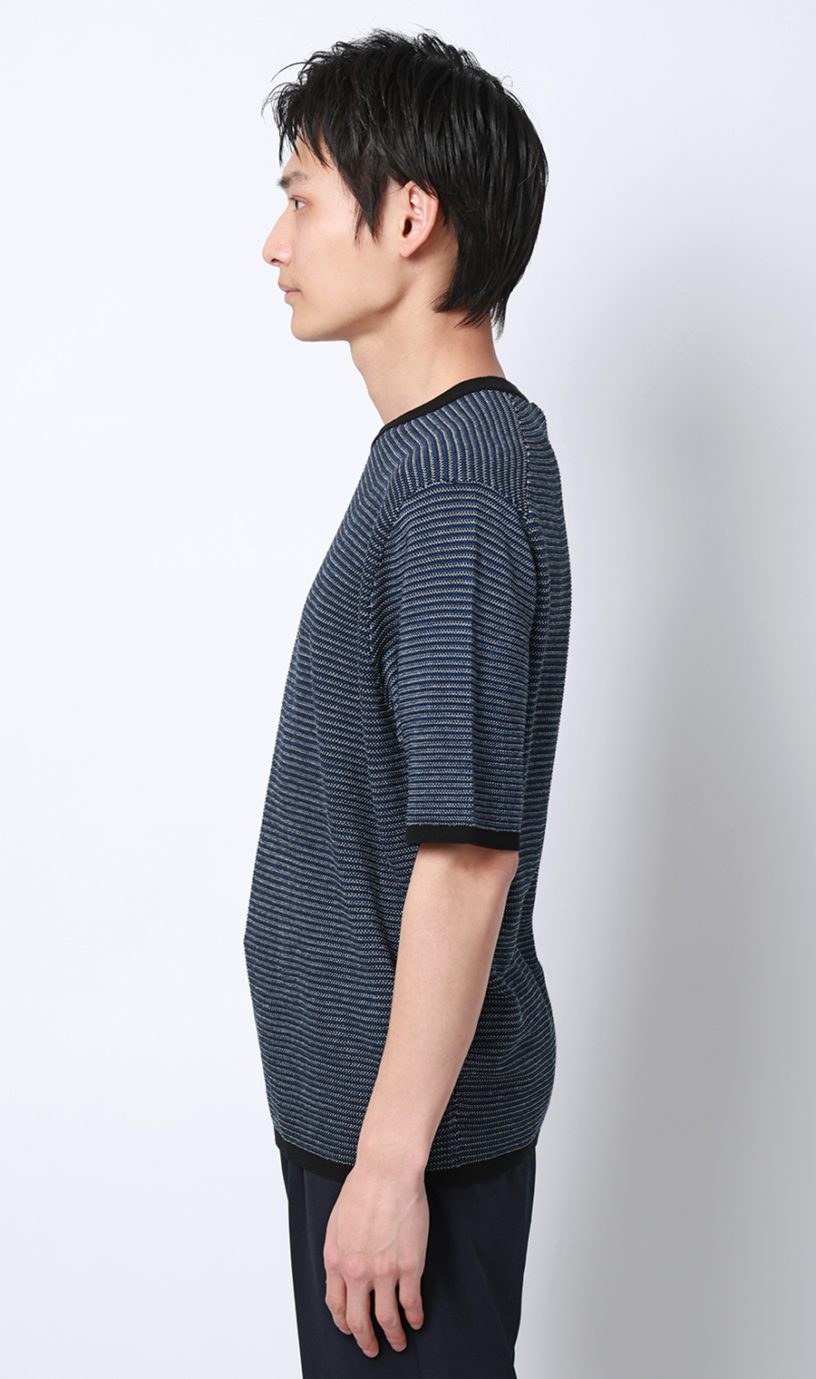 マルチボーダークルーネックニット ネイビー M