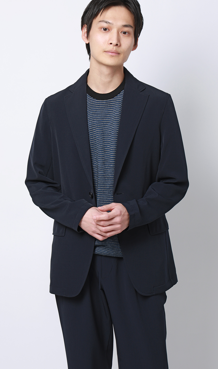 マルチボーダークルーネックニット ネイビー M