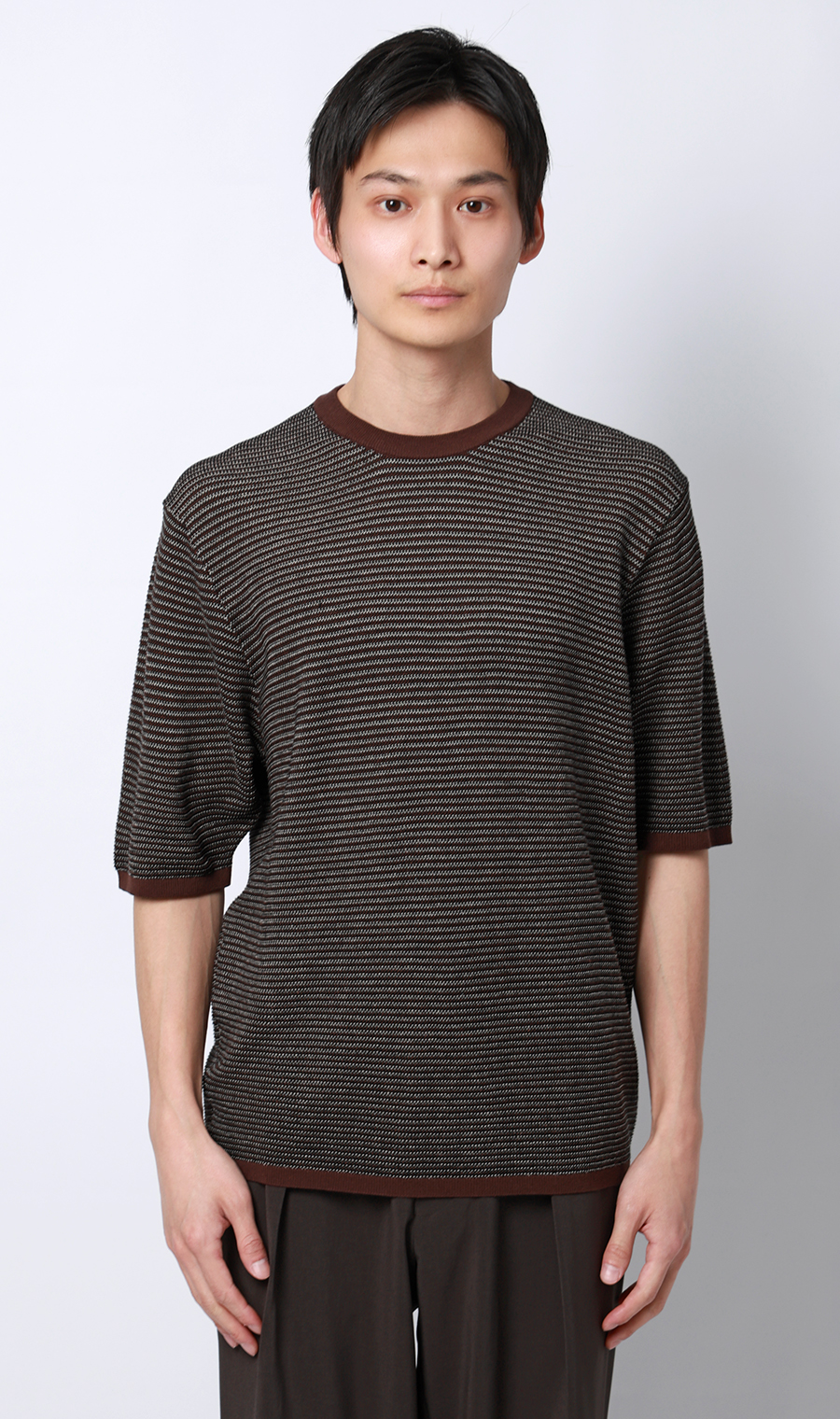 マルチボーダークルーネックニット ブラウン M