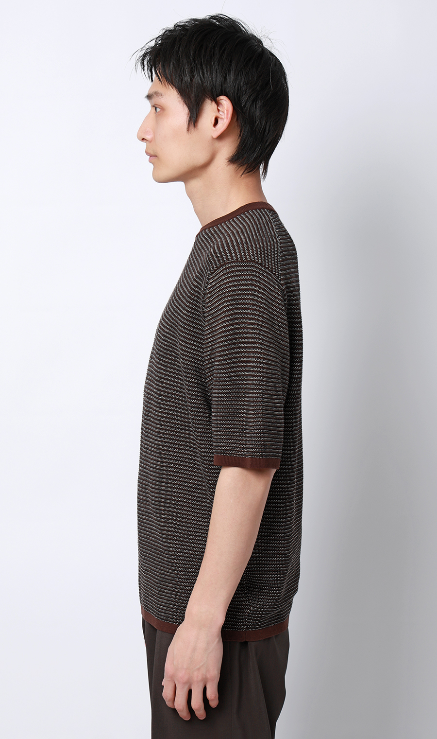 マルチボーダークルーネックニット ブラウン M