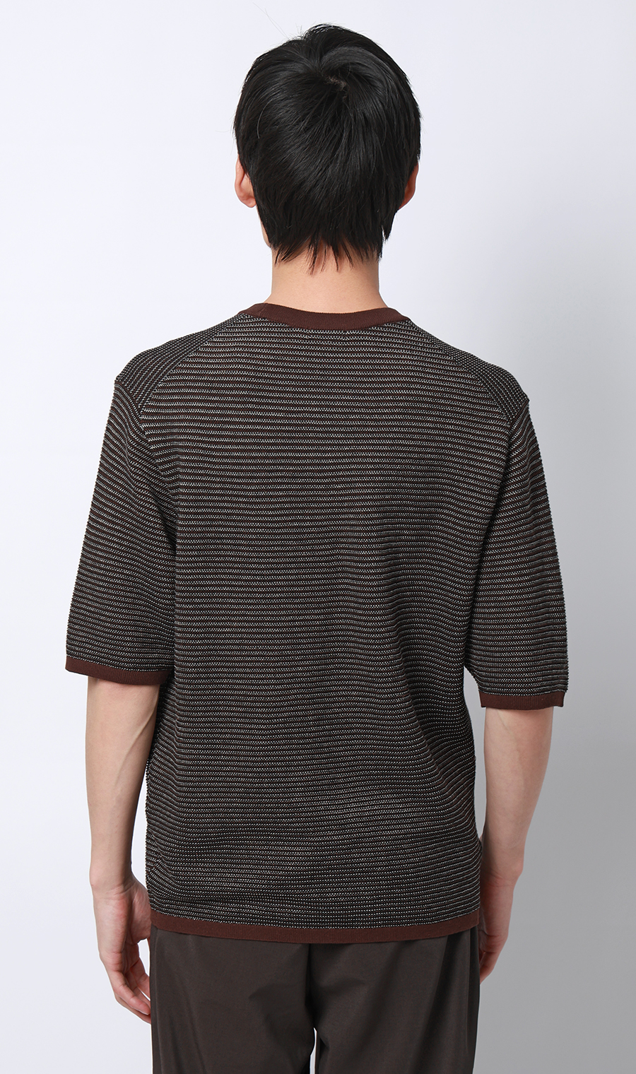 マルチボーダークルーネックニット ブラウン M