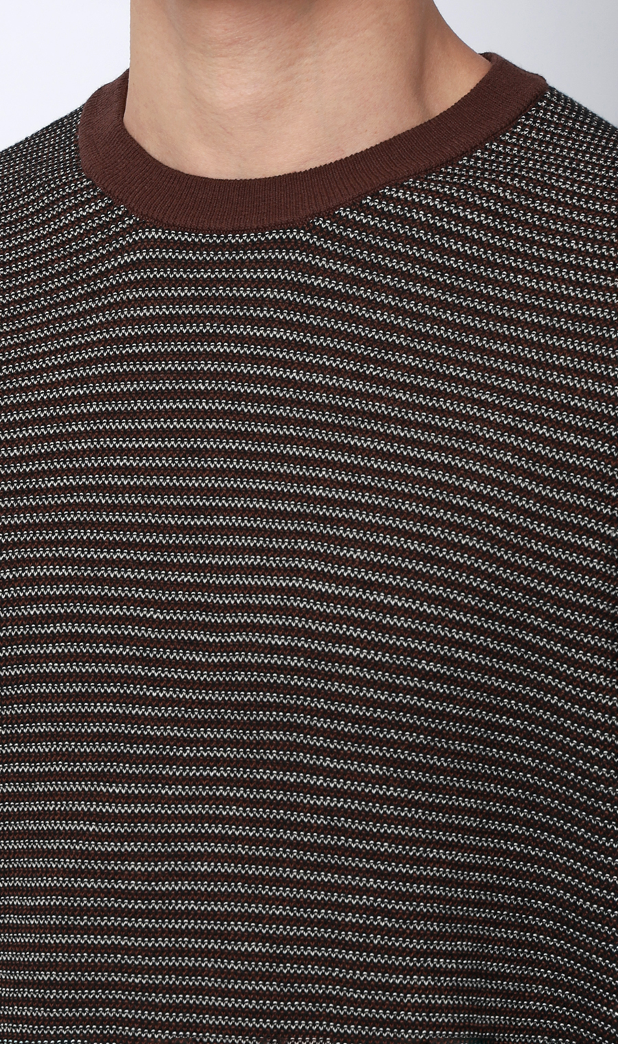 マルチボーダークルーネックニット ブラウン M