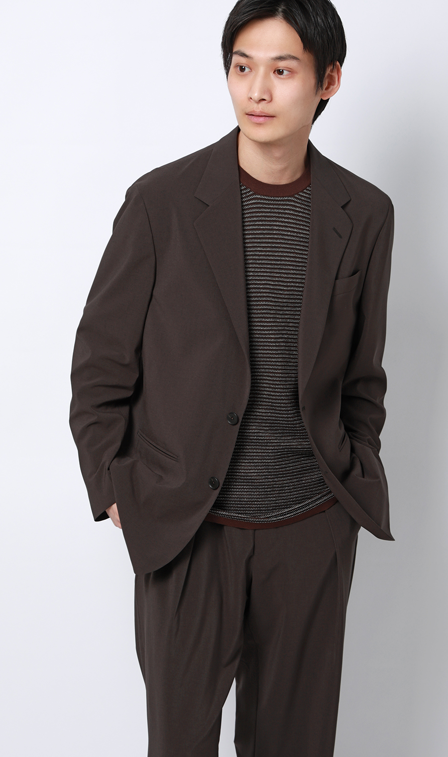 マルチボーダークルーネックニット ブラウン M