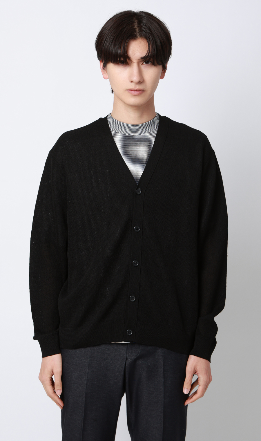 Vネックカーディガン【レーヨン混】 ブラック S