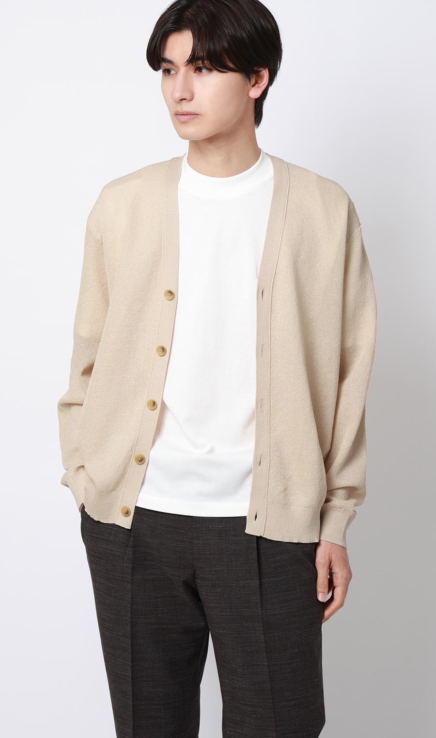 Vネックカーディガン【レーヨン混】 ベージュ S