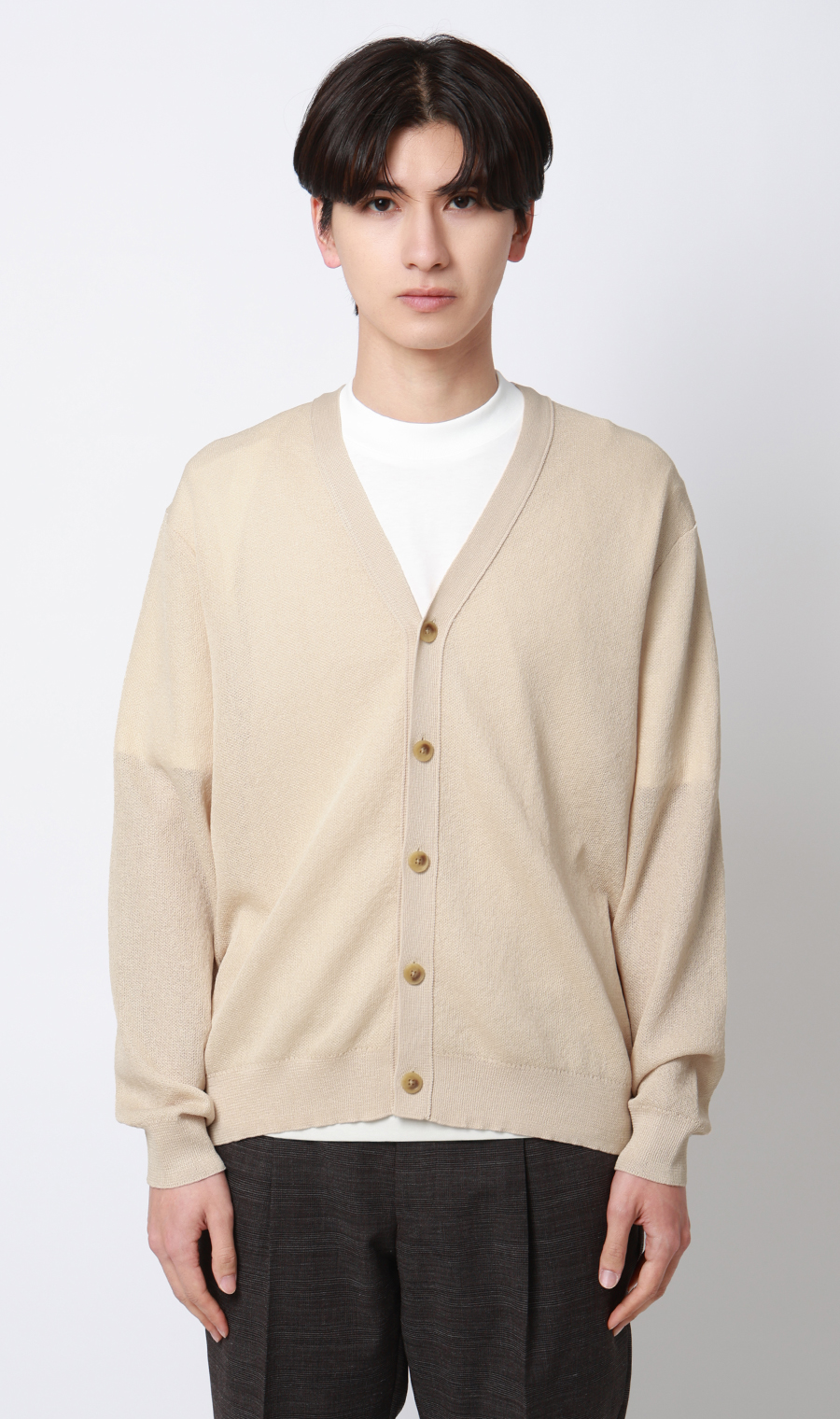 Vネックカーディガン【レーヨン混】 ベージュ S
