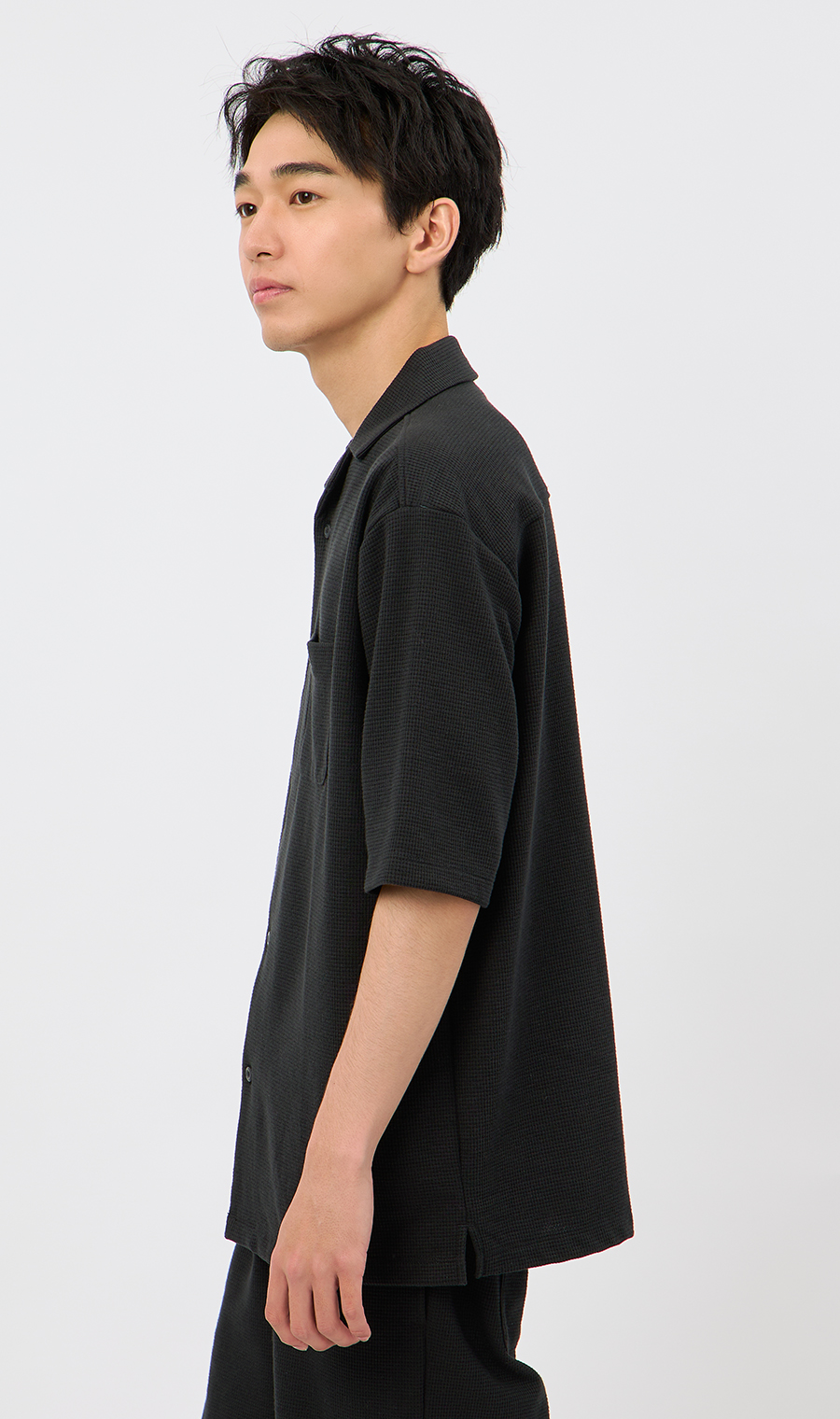 【男女兼用】らくリッチワッフル開襟シャツ【セットアップ着用可】 ブラック S