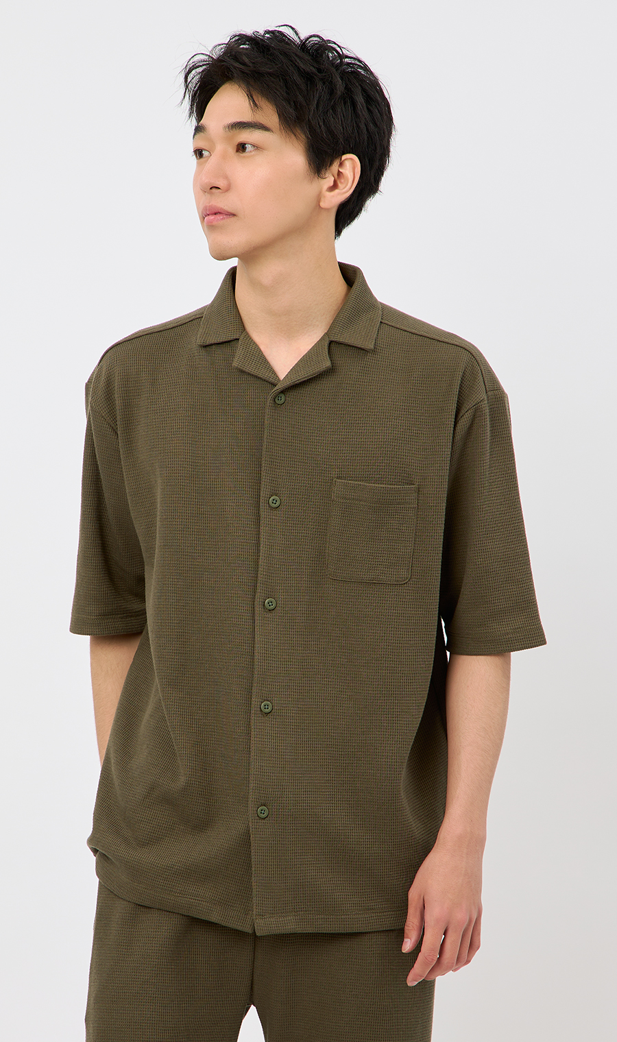 【男女兼用】らくリッチワッフル開襟シャツ【セットアップ着用可】 カーキ S