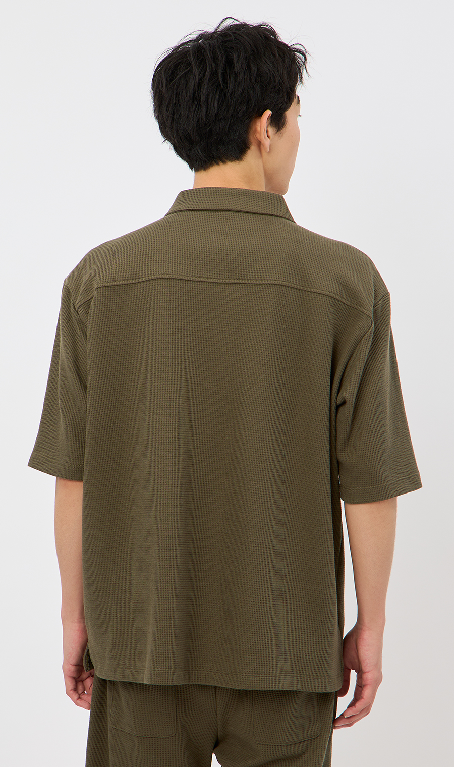 【男女兼用】らくリッチワッフル開襟シャツ【セットアップ着用可】 カーキ S