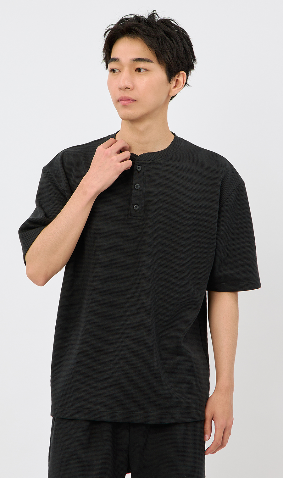 【男女兼用】らくリッチワッフルヘンリーTシャツ【セットアップ着用可】 ブラック S