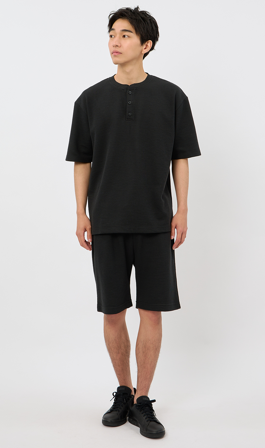 【男女兼用】らくリッチワッフルヘンリーTシャツ【セットアップ着用可】 ブラック S