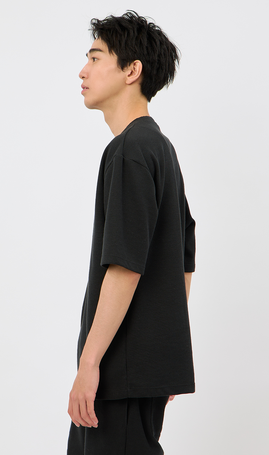 【男女兼用】らくリッチワッフルヘンリーTシャツ【セットアップ着用可】 ブラック S