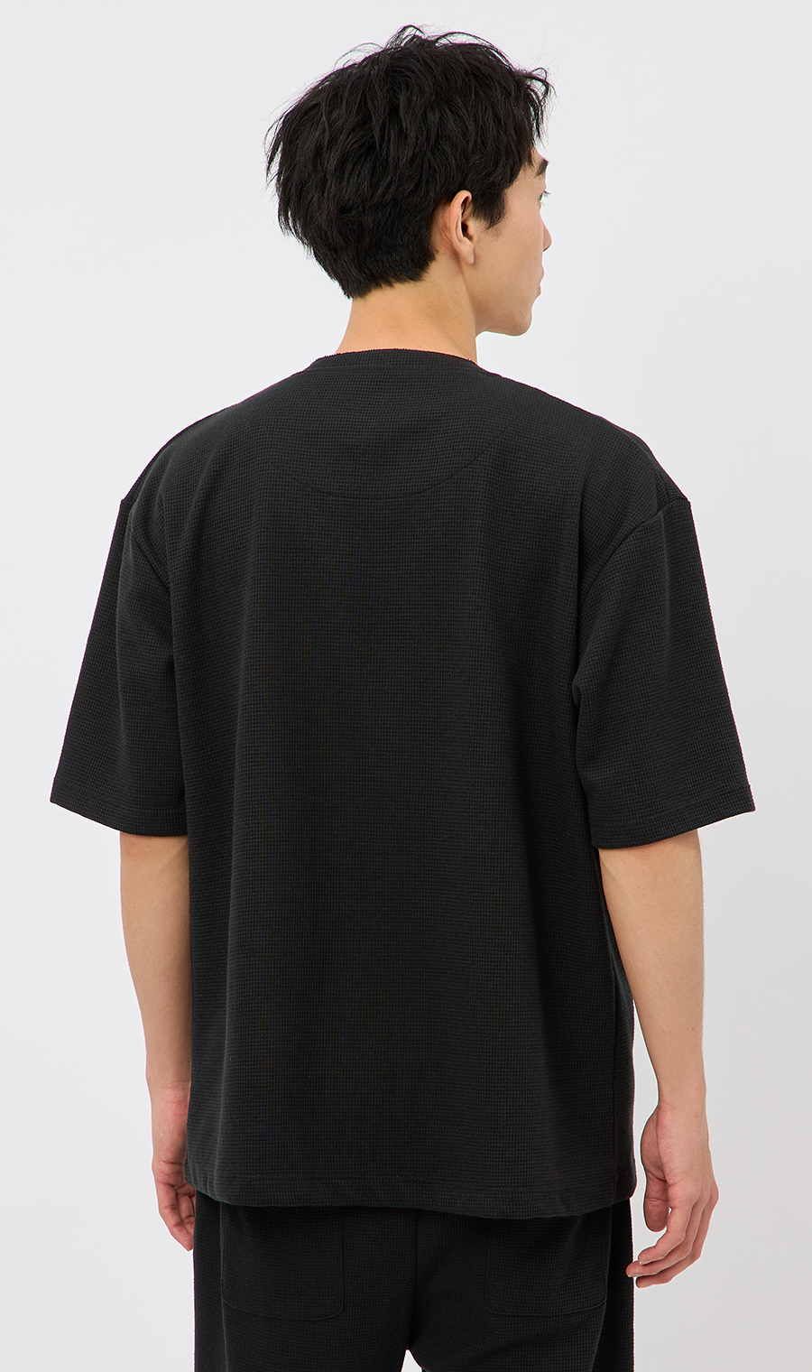 【男女兼用】らくリッチワッフルヘンリーTシャツ【セットアップ着用可】 ブラック S