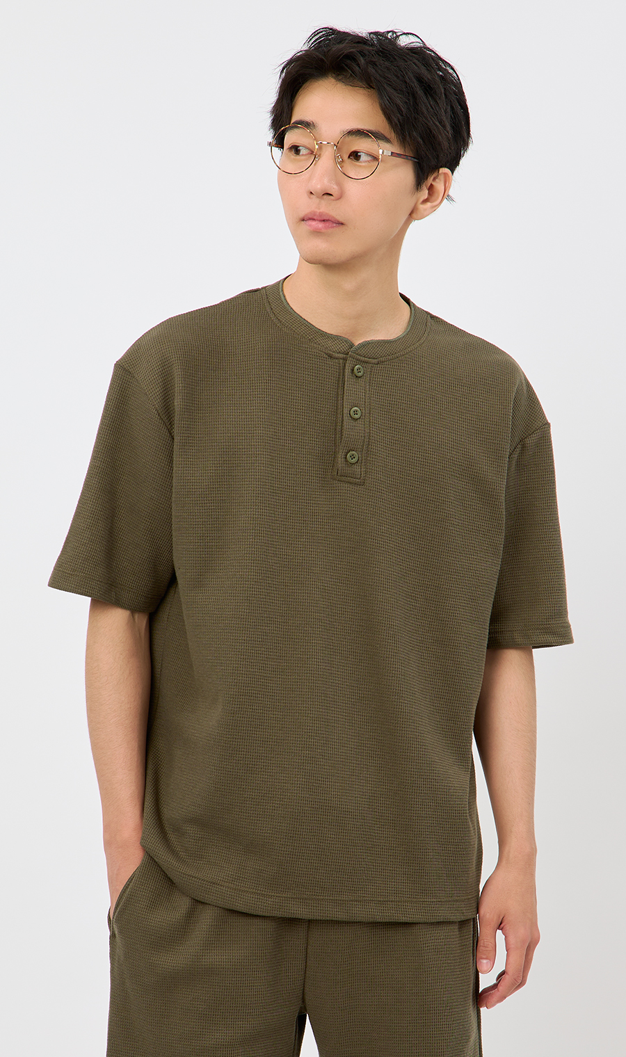 【男女兼用】らくリッチワッフルヘンリーTシャツ【セットアップ着用可】 カーキ S
