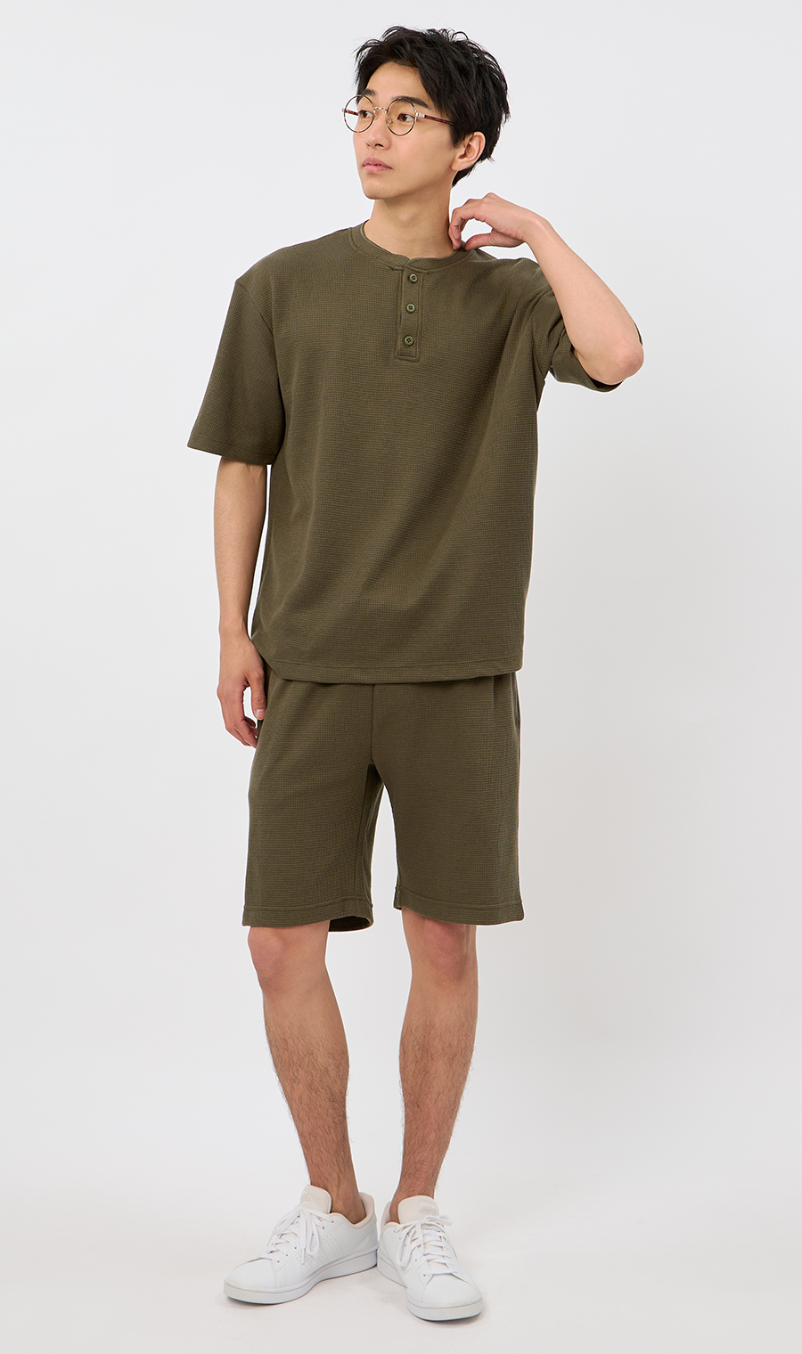 【男女兼用】らくリッチワッフルヘンリーTシャツ【セットアップ着用可】 カーキ S