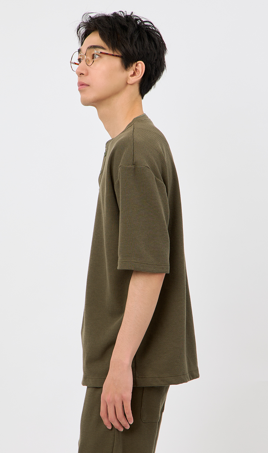【男女兼用】らくリッチワッフルヘンリーTシャツ【セットアップ着用可】 カーキ S