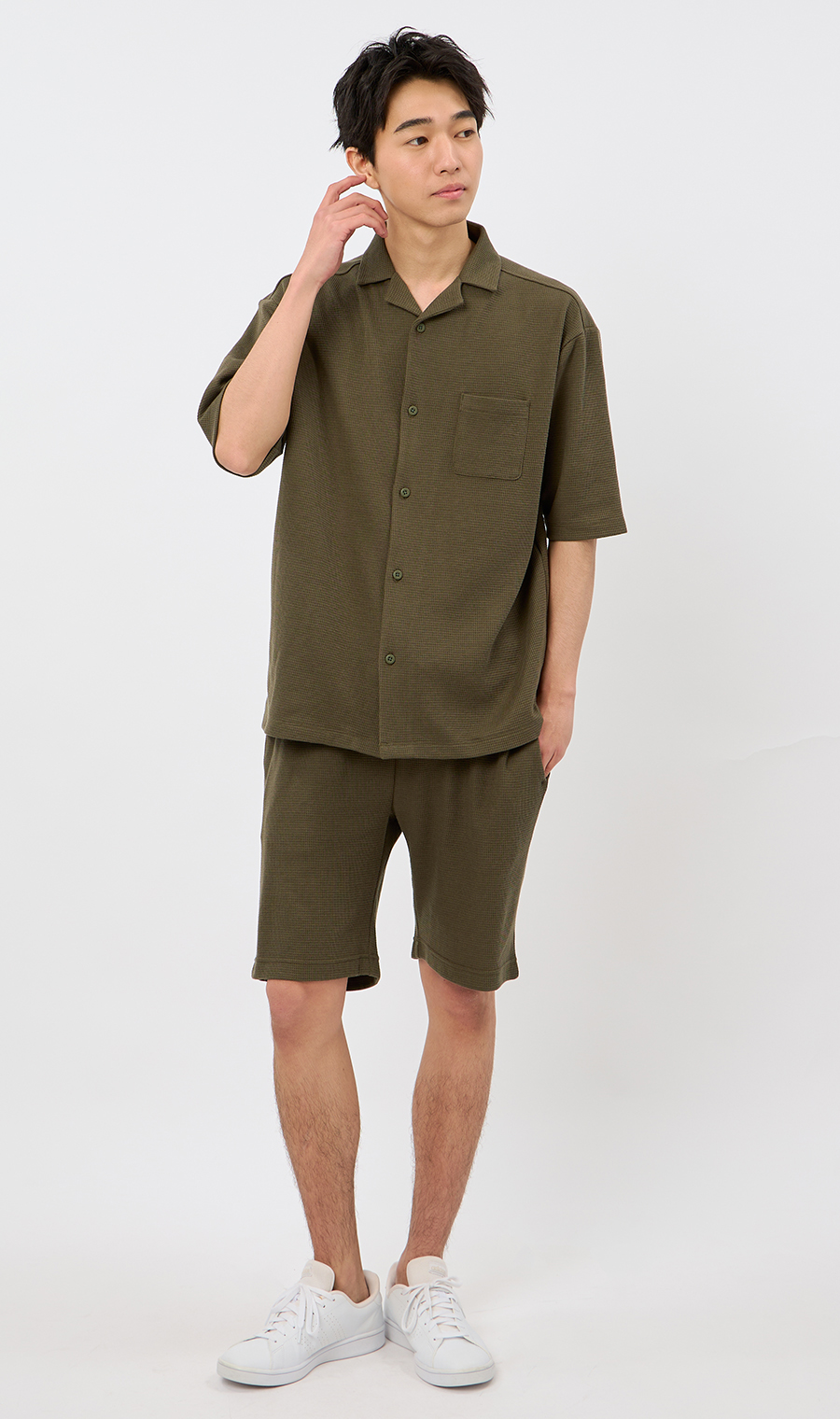 【男女兼用】らくリッチワッフルショートパンツ【セットアップ着用可】 カーキ S