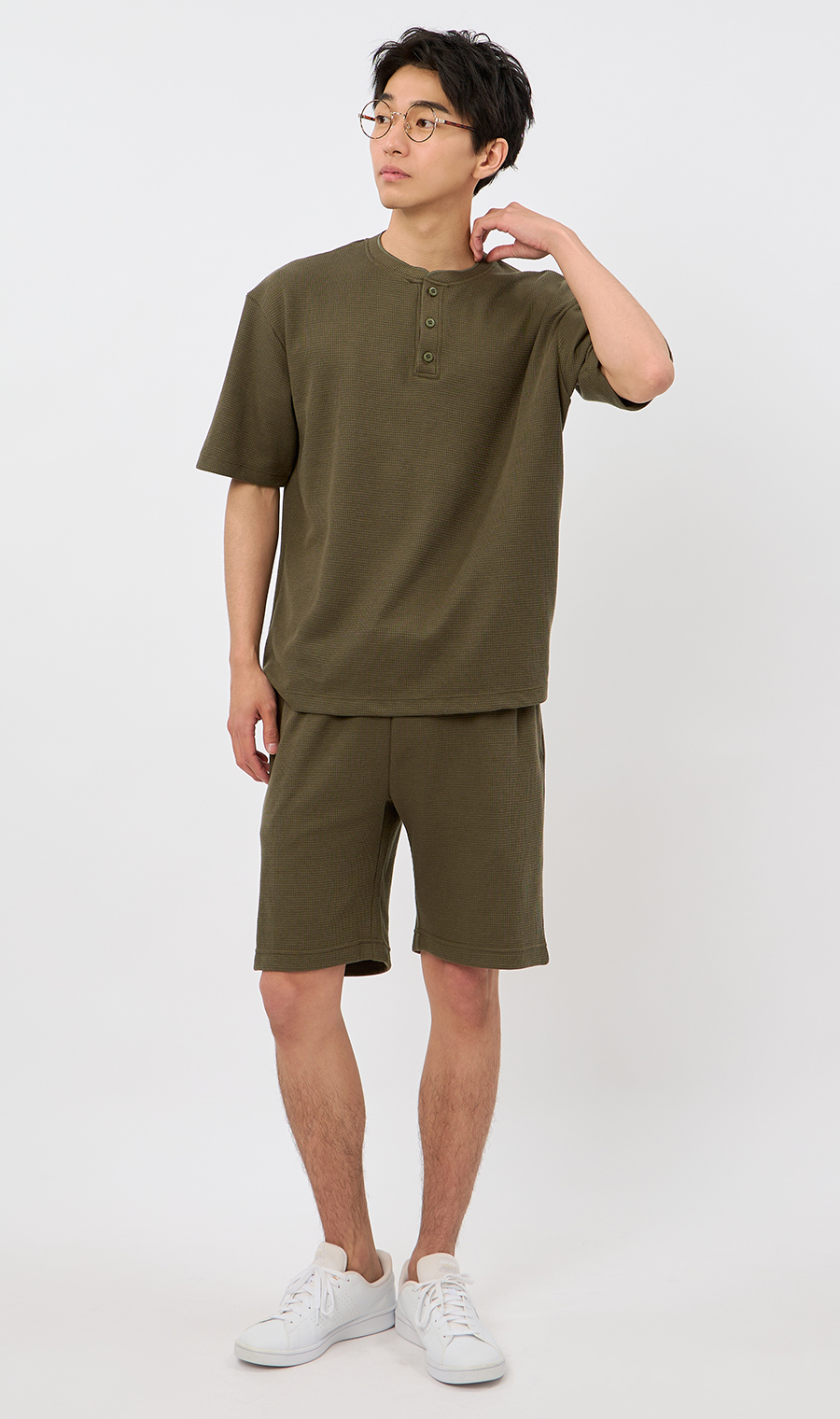 【男女兼用】らくリッチワッフルショートパンツ【セットアップ着用可】 カーキ S
