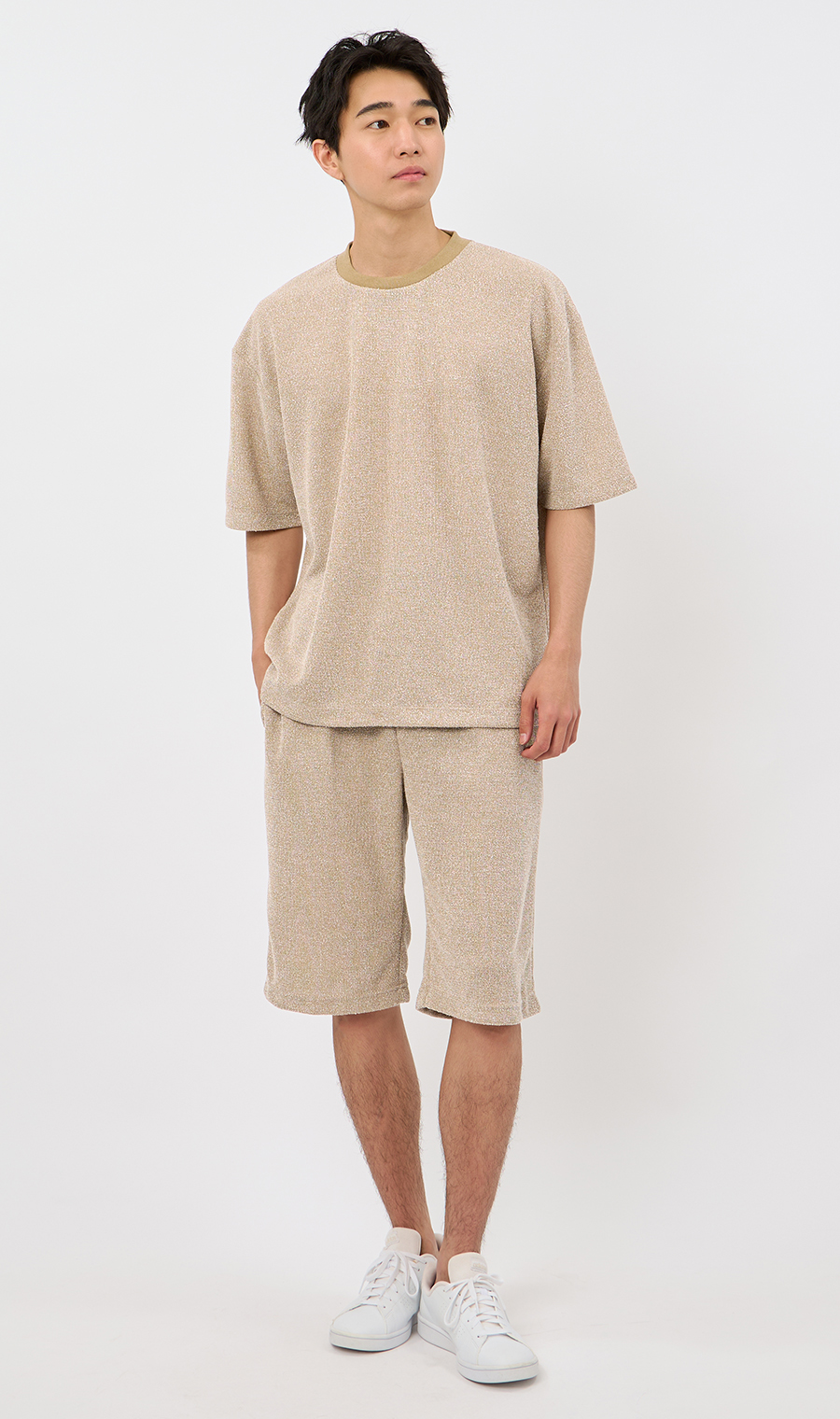 【男女兼用】らくリッチブークレーショートパンツ【セットアップ着用可】 ベージュ S