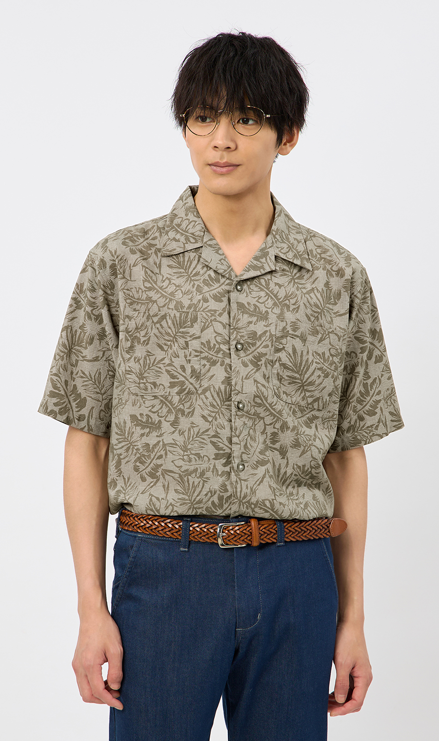 麻混クールマックスオープンシャツ【半袖】 カーキ S