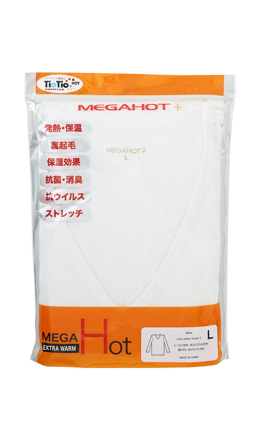 長袖VネックTシャツ【MEGAHOT+】 ホワイト S