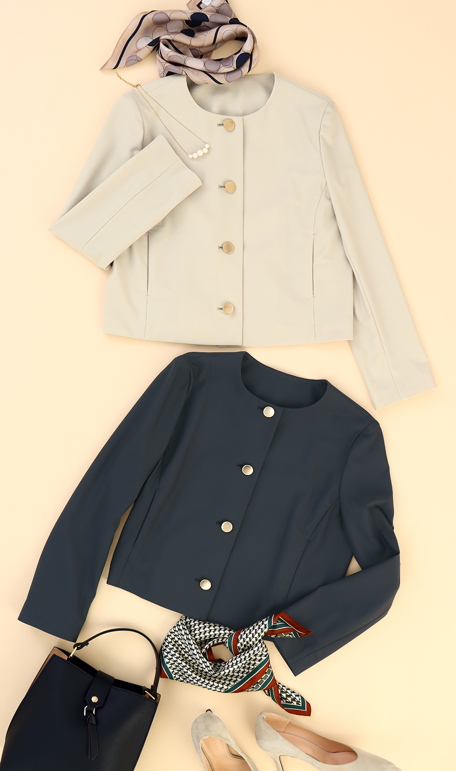 クルーネックショート丈ジャケット【ウォッシャブル】【ストレッチ】 ベージュ L