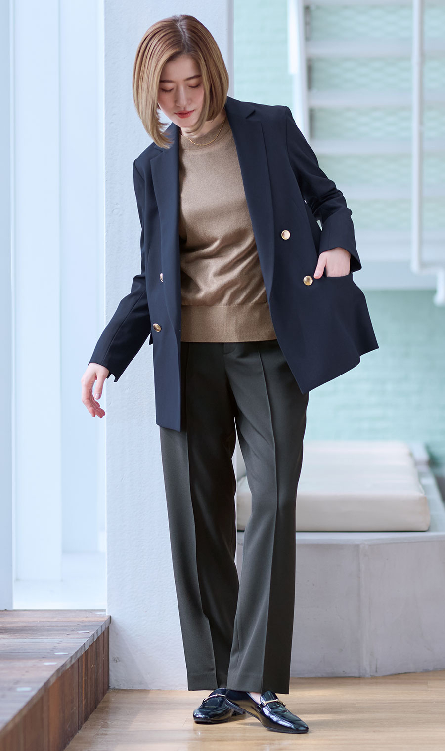 美品】アルアバイル 麻混ノーカラーダブルボタンジャケット ネイビー