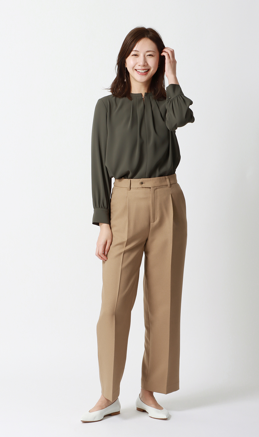 ワンタックセミワイドパンツ【裾上げ済み】 ベージュ S