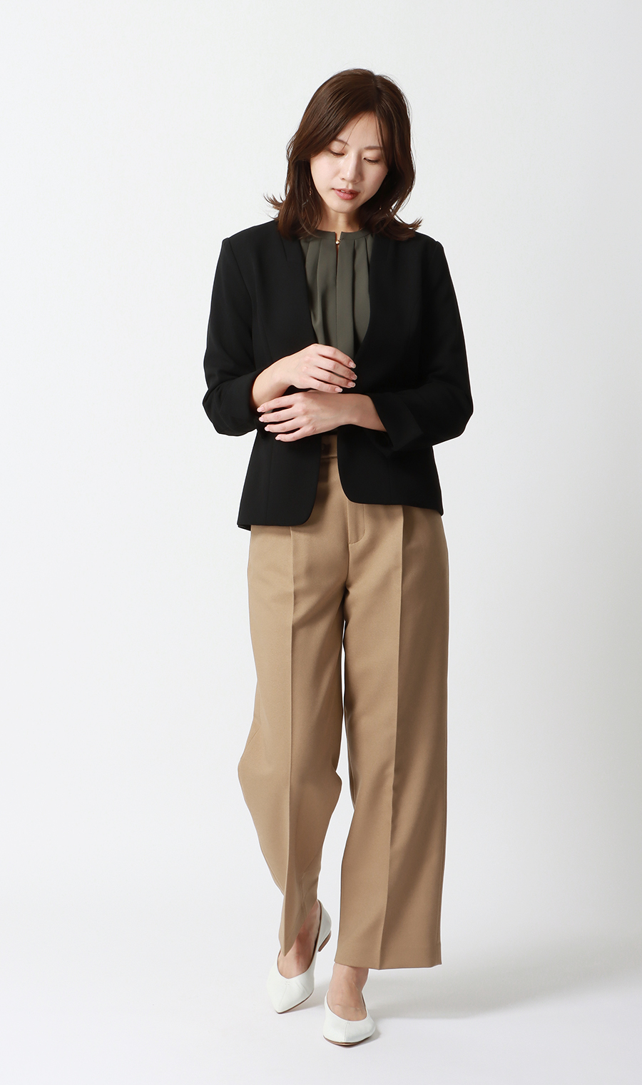 ワンタックセミワイドパンツ【裾上げ済み】 ベージュ S